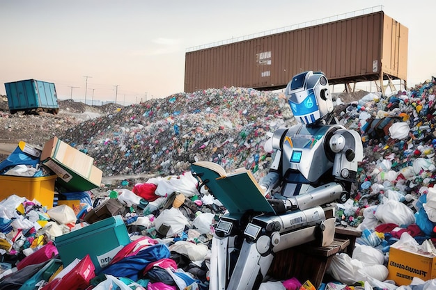 Un robot androide lee un libro sentado en un banco con el telón de fondo de un vertedero de basura