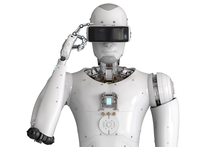 Foto robot androide de renderizado 3d con auriculares vr