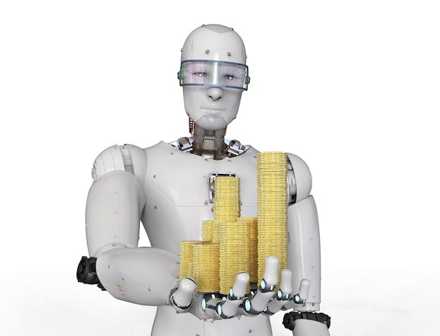 Robot androide de renderizado 3D con monedas de oro