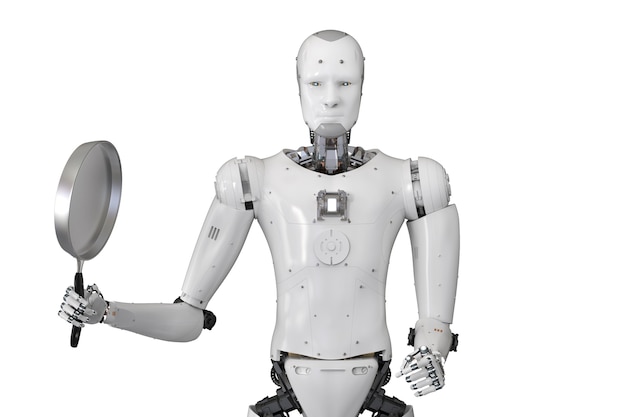 Robot androide de renderizado 3D con sartén