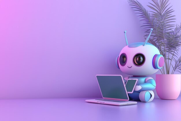 Un robot animado que habla y escribe en su portátil Concepto de un chatbot