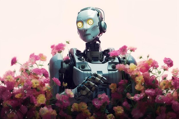 Robot antropomórfico con flores