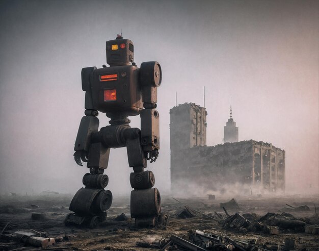 Robot antropomórfico retrofuturista dañado en un paisaje postapocalíptico