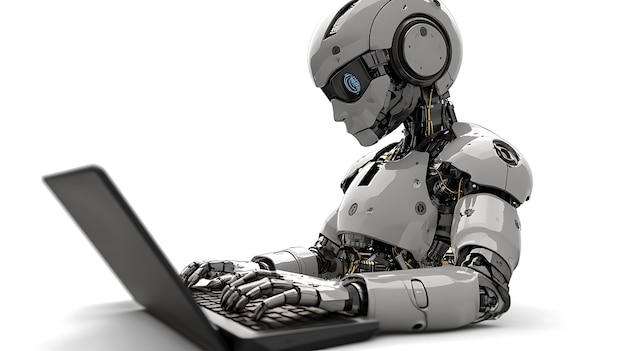 robot arafed sentado en una computadora portátil con un teclado