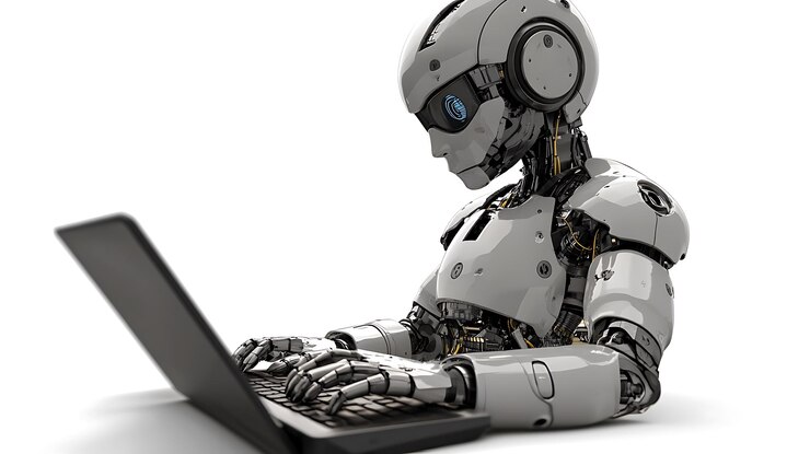 Foto robot arafed sentado en una computadora portátil con un teclado