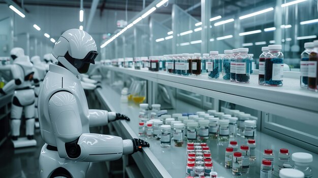 Robot arbeitet in einer Pharmafabrik mit Flaschen