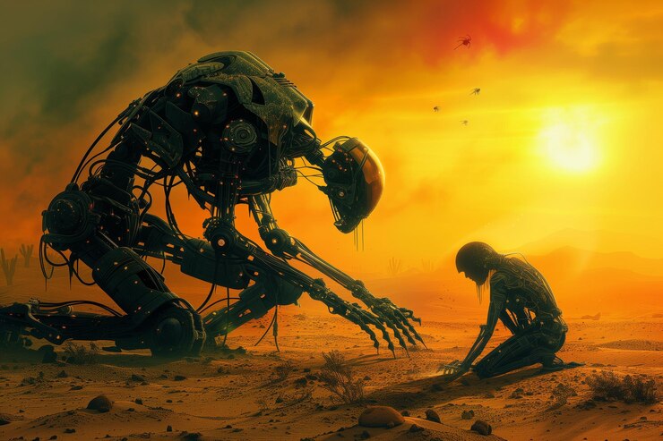 Foto un robot se arrodilla en el desierto y muestra empatía hacia otro robot