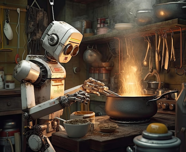 Robot asistente en la cocina prepara comida