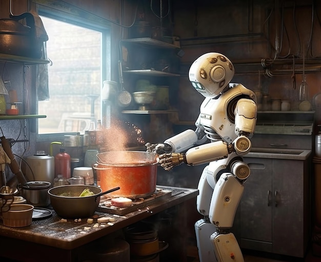 Robot asistente en la cocina prepara comida