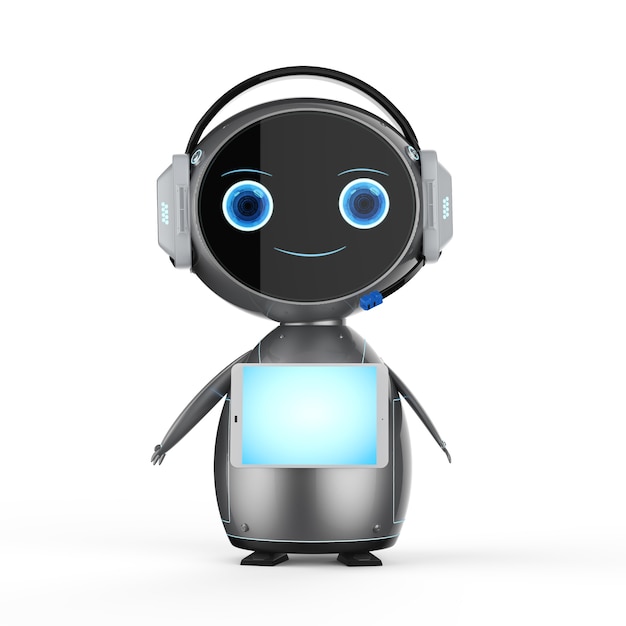 Robot asistente lindo renderizado 3D con pantalla de tableta