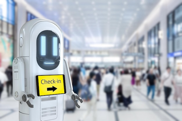 Robot asistente con pantalla digital para check-in en aeropuerto