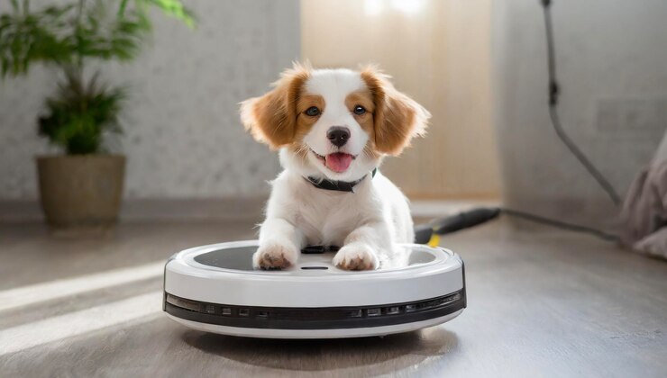 robot aspirador y perro