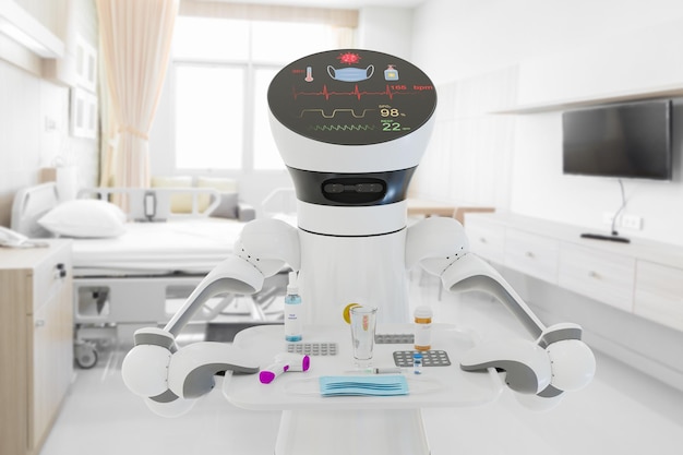 El robot de atención médica entregó el equipo médico necesario a los pacientes con COVID19 renderizado 3d