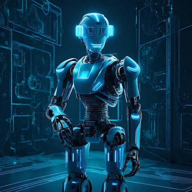 Robot auf 3D-Charakter marineblau mit hellblauem Neonlicht mit Blitz-Logo futuristisch