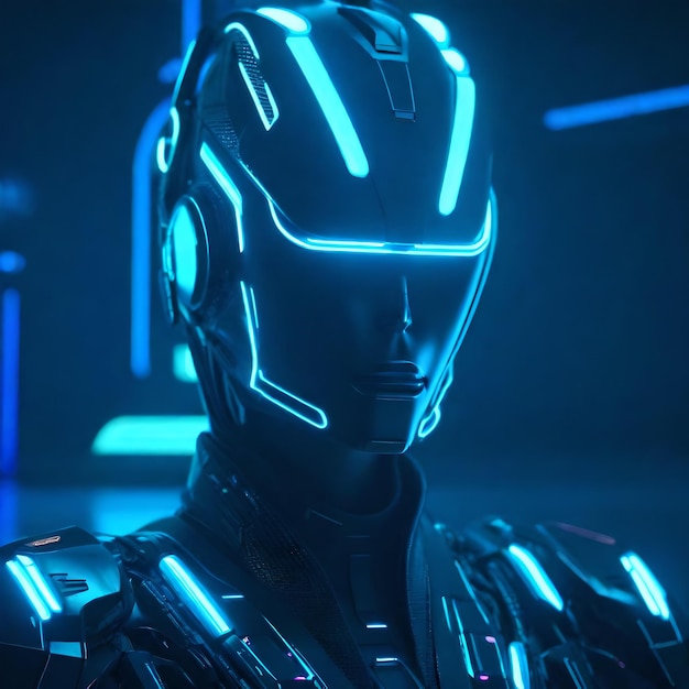 Robot auf 3D-Charakter marineblau mit hellblauem Neonlicht mit Blitz-Logo futuristisch