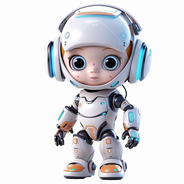 Un robot con auriculares y un fondo blanco.