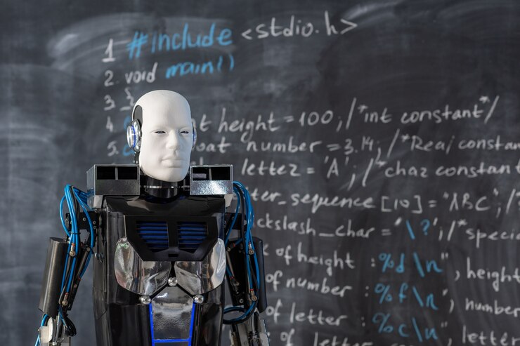Foto robot de automatización de nueva generación avanzando a lo largo de la pizarra con fórmula informática durante la presentación