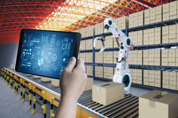 Foto robot de automatización de renderizado 3d de control técnico en fábrica
