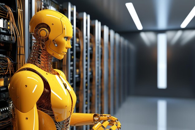 Robot de automatización de renderizado 3D que trabaja en la sala de servidores