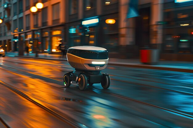 Foto robot autónomo de entrega de alimentos en las calles de la ciudad en nigh