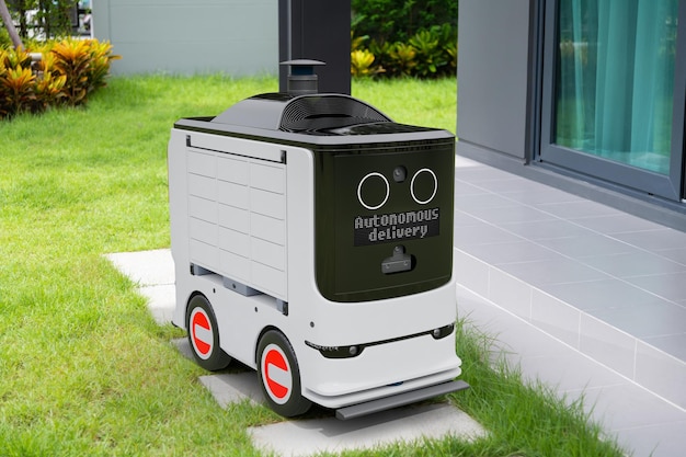 Robot autónomo de entrega de paquetes estacionado frente a la casa del cliente Transporte inteligente Concepto de tecnología 5G