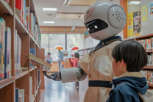 Un robot ayuda a un niño a leer en la biblioteca