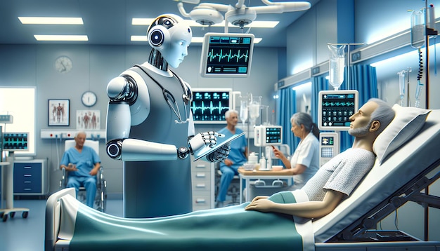 Robot ayudando en una habitación de hospital