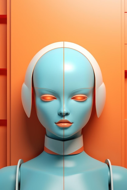 Un robot azul con auriculares y fondo naranja.