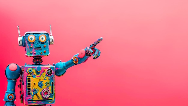 Un robot azul lindo apuntando a un objeto en un fondo rosado vibrante