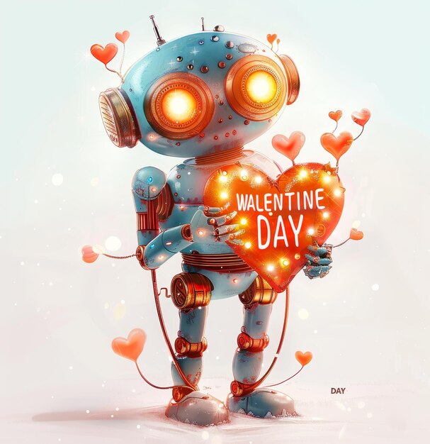 un robot azul sosteniendo un letrero en forma de corazón que dice valentín valentín