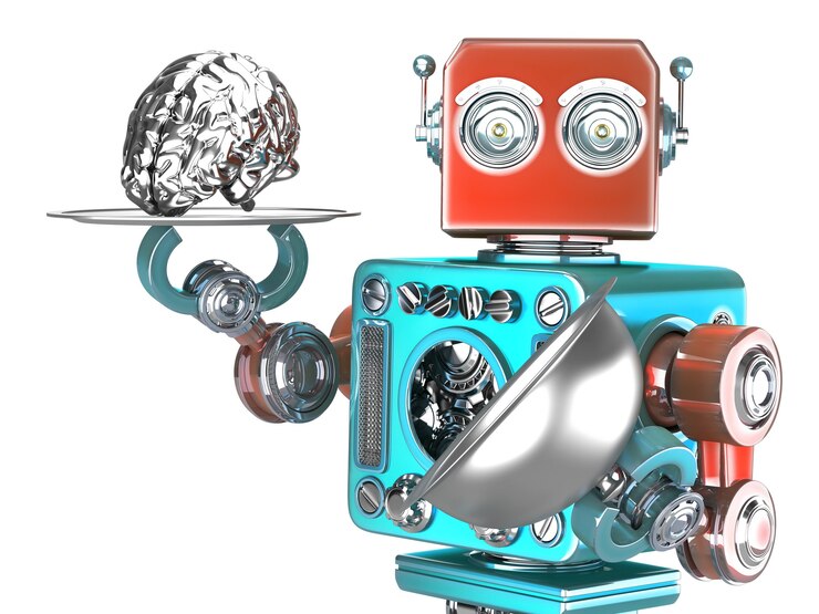 Foto robot con bandeja y cerebro humano concepto de inteligencia artificial aislado sobre blanco