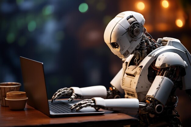 Robot besetzt einen Schreibtisch, beschäftigt mit einem Laptop in konzentrierter Arbeit
