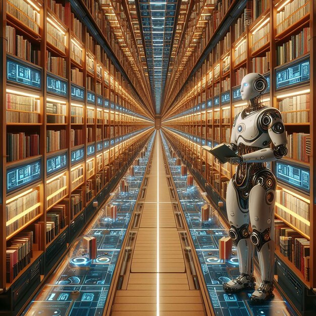 Foto un robot está en una biblioteca con muchos libros en los estantes