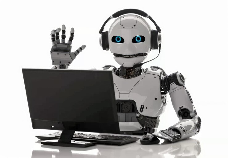 Foto robot blanco con auriculares usando una computadora