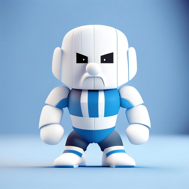 un robot blanco con una camisa azul y blanca