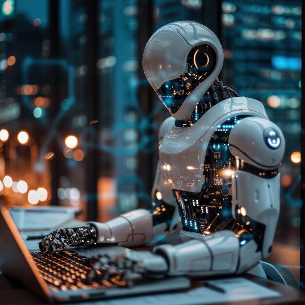 Robot blanco futurista trabajando en una computadora portátil