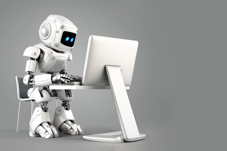 Foto robot blanco inteligente como chatbot ai sentado frente a la computadora escribiendo ia generativa