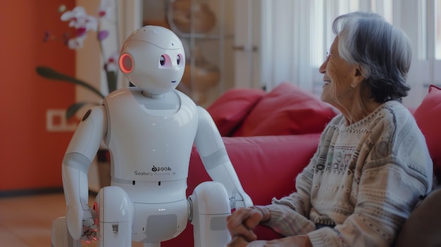 Un robot blanco sosteniendo la mano de una anciana sonriente