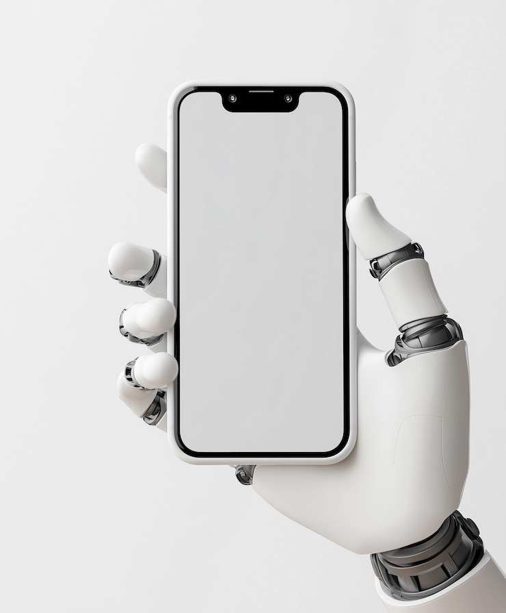Foto un robot blanco sosteniendo un teléfono con una mano que dice "inteligente"