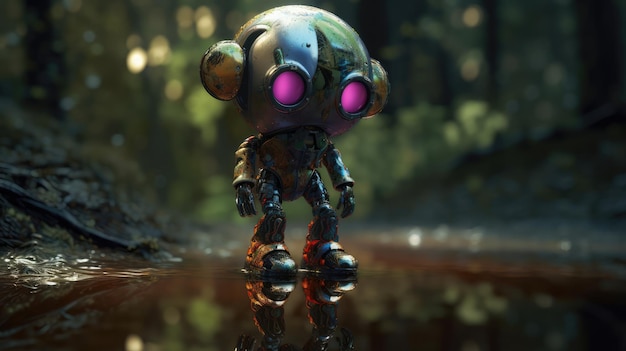 Un robot en un bosque con un fondo verde y ojos rosas.