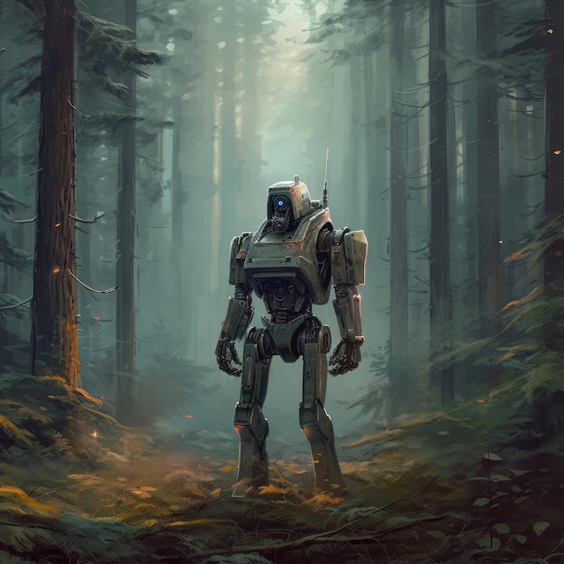 Un robot en el bosque oscuro con niebla.