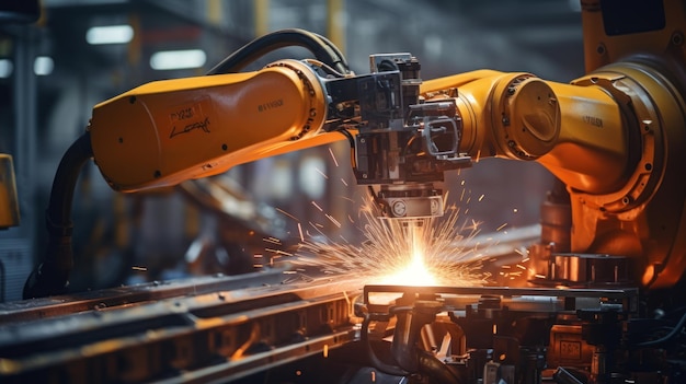 Robot de brazo amarillo de primer plano soldando piezas de tubos metálicos en una fábrica industrial