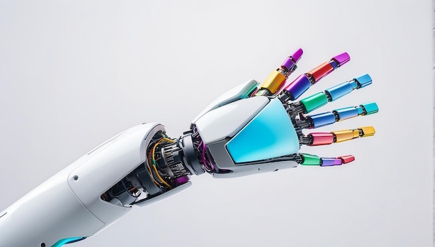 un robot con un brazo de color arco iris que dice la palabra cita en el brazo