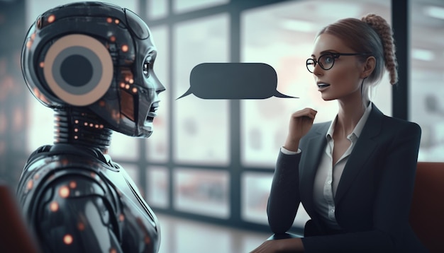 Un robot con una burbuja de diálogo que dice robot y una mujer hablando con él.