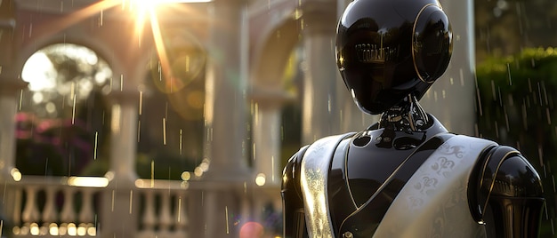 Robot Butler traje elegante sofisticado servo AI explorando uma mansão de luxo chovendo fora 3D render backlight lente flare macro tiro