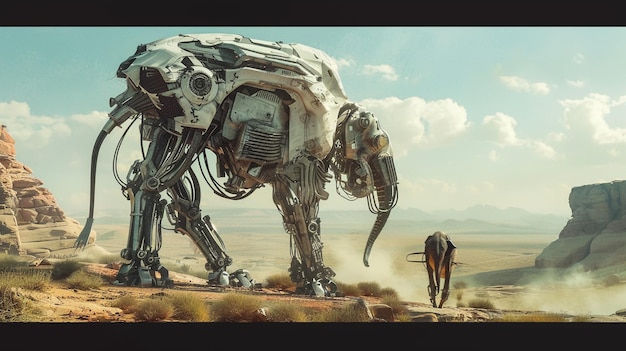 un robot con un caballo y un caballo en el fondo