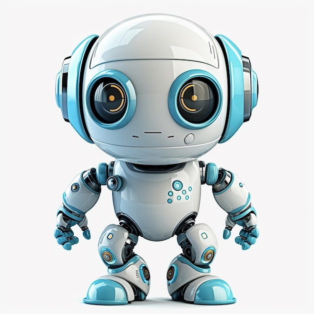 Un robot con cabeza azul y ojos azules está parado sobre un fondo blanco.