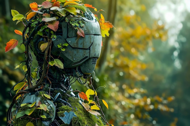 Robot con la cabeza llena de hojas y ramas