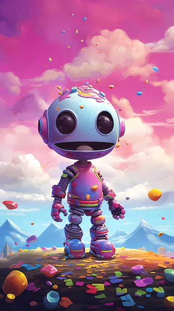 Un robot con una cabeza rosa se encuentra en medio de una montaña.
