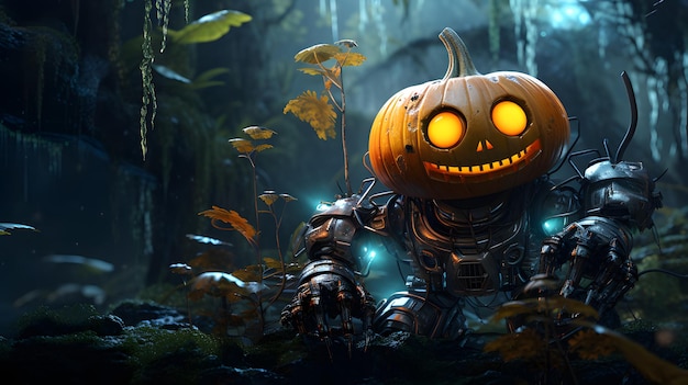 Robot calabaza en el fondo del bosque IA generativa